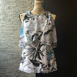 WHBM White, black and blue floral 4 layer sleeveless top (XXS)